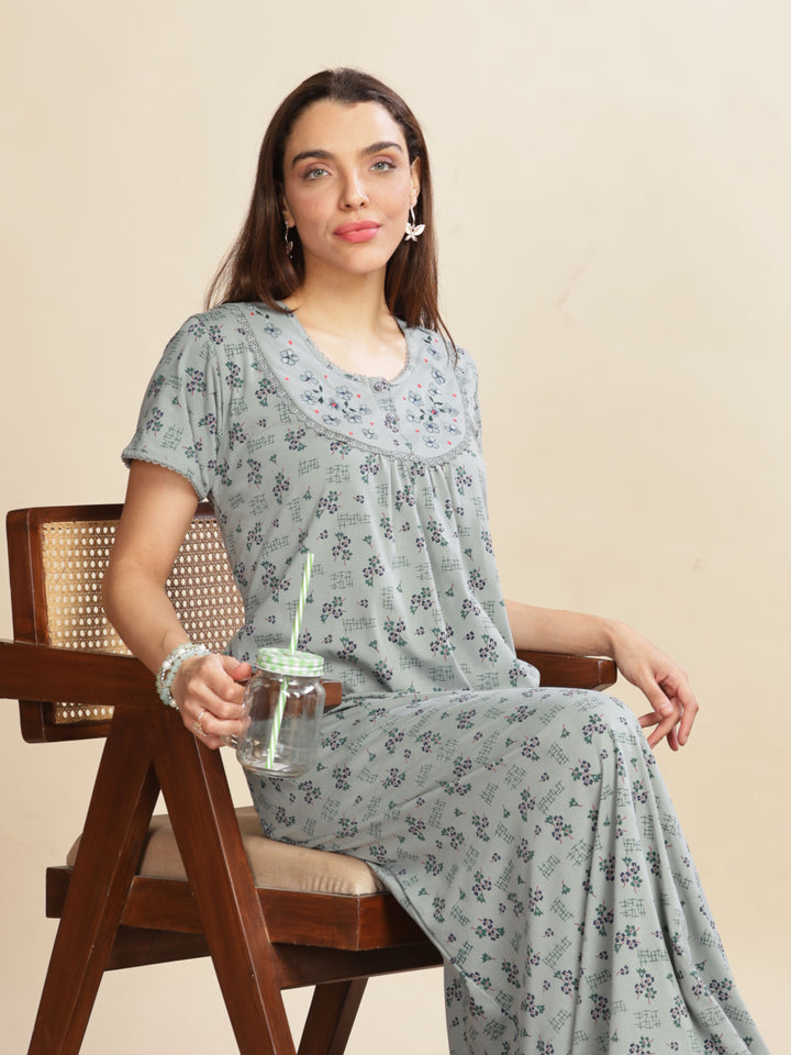 Olive Green Cotton Blend Designer Nighty with Floral Embroidery