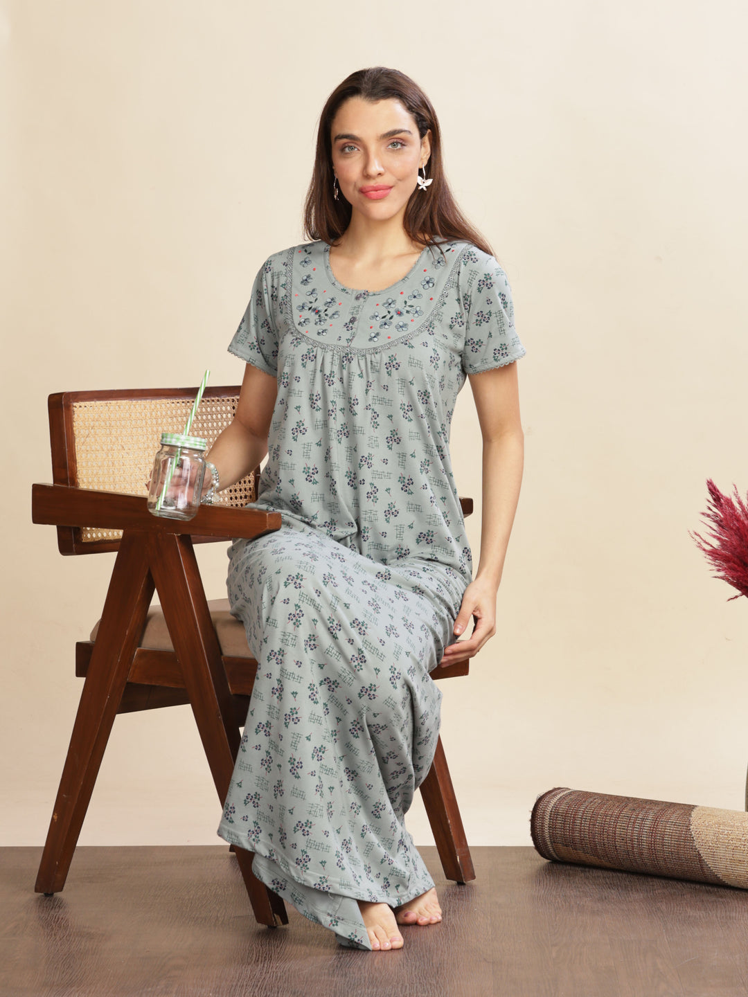 Olive Green Cotton Blend Designer Nighty with Floral Embroidery