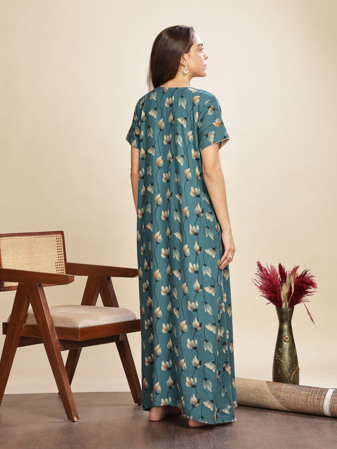 Arabian Green Floral A-Line Maxi Nighty For Women