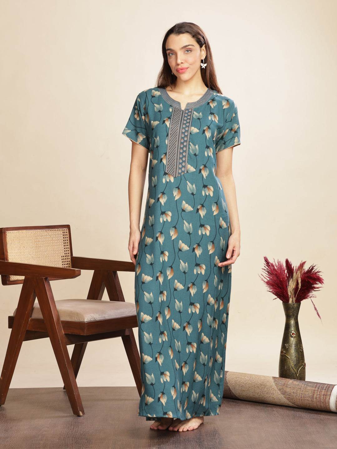 Arabian Green Floral A-Line Maxi Nighty For Women