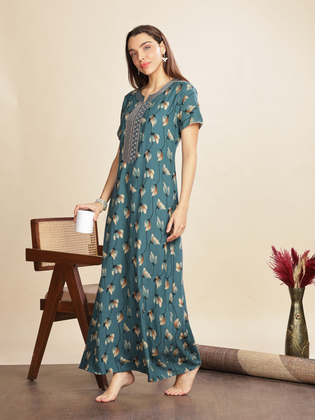 Arabian Green Floral A-Line Maxi Nighty For Women