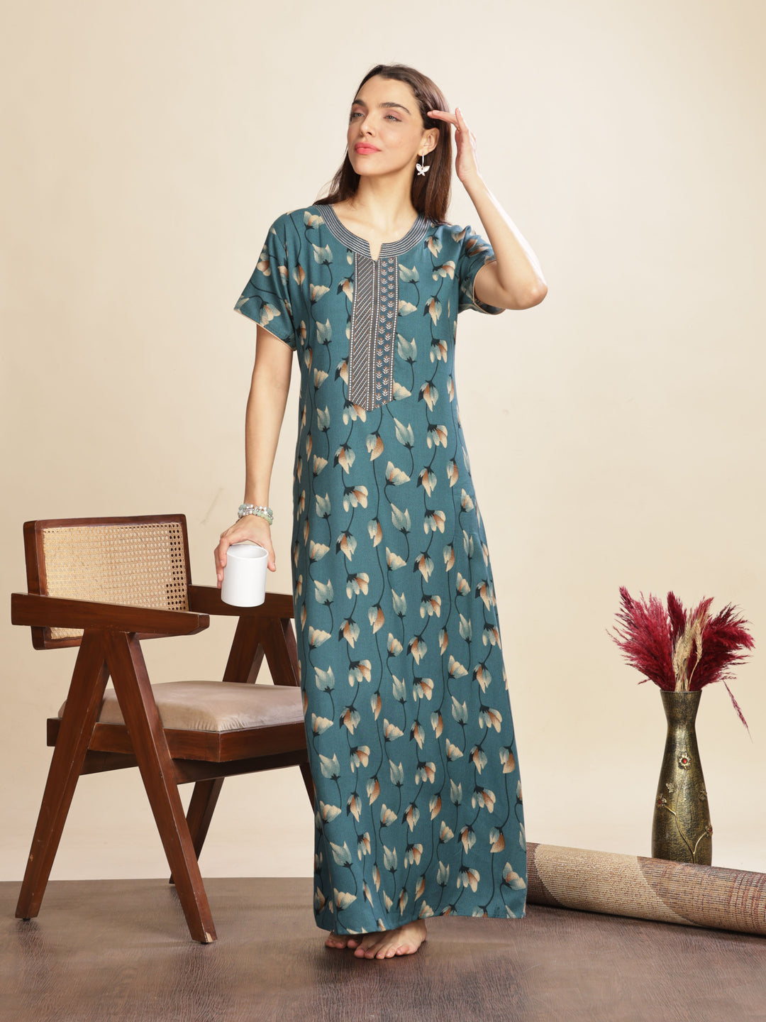 Arabian Green Floral A-Line Maxi Nighty For Women