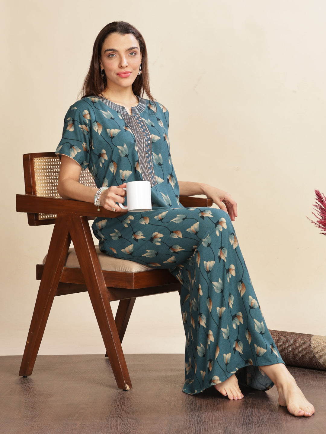 Arabian Green Floral A-Line Maxi Nighty For Women