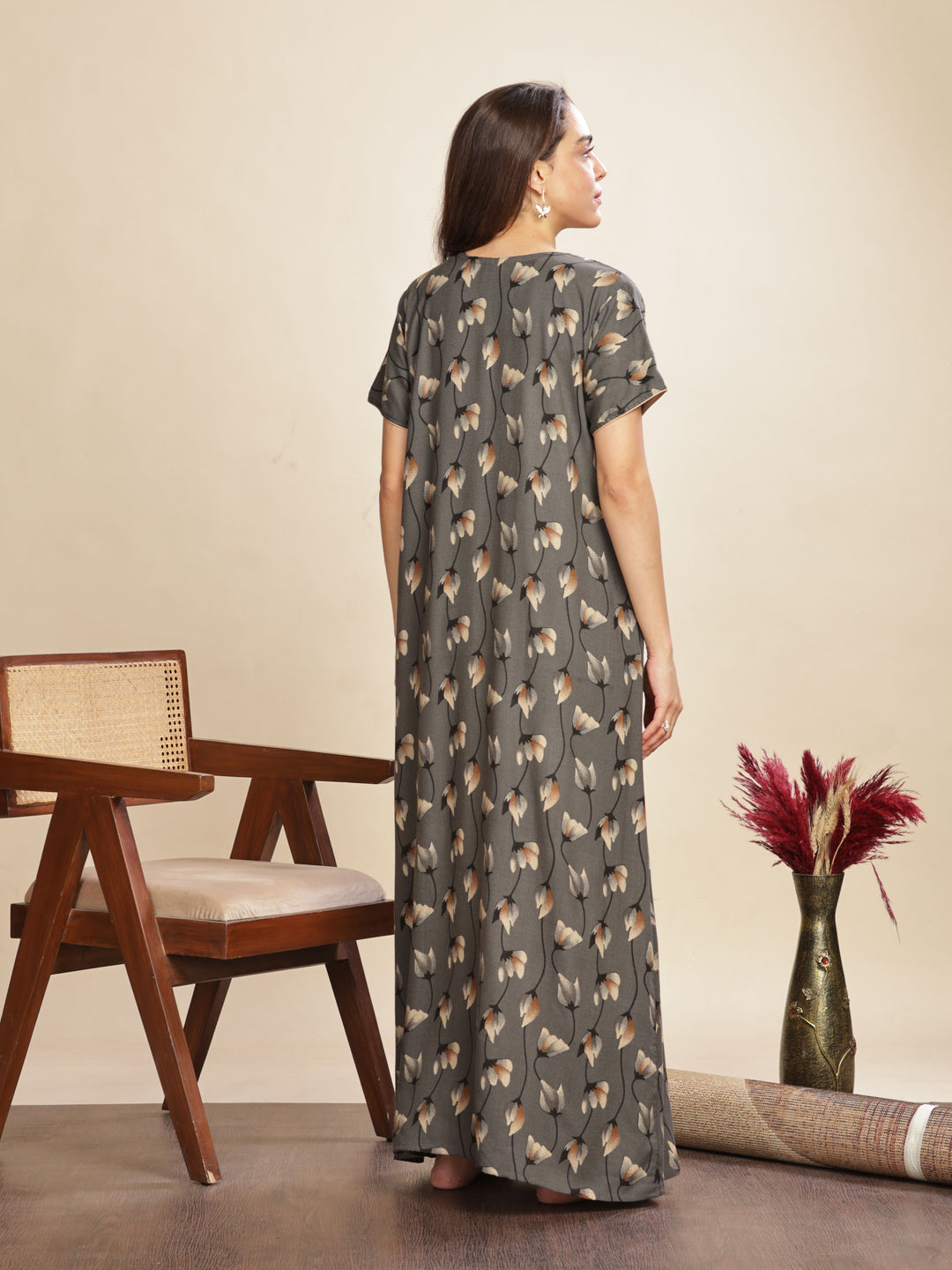 Iron Grey Floral Nightdress For Women with Pocket 