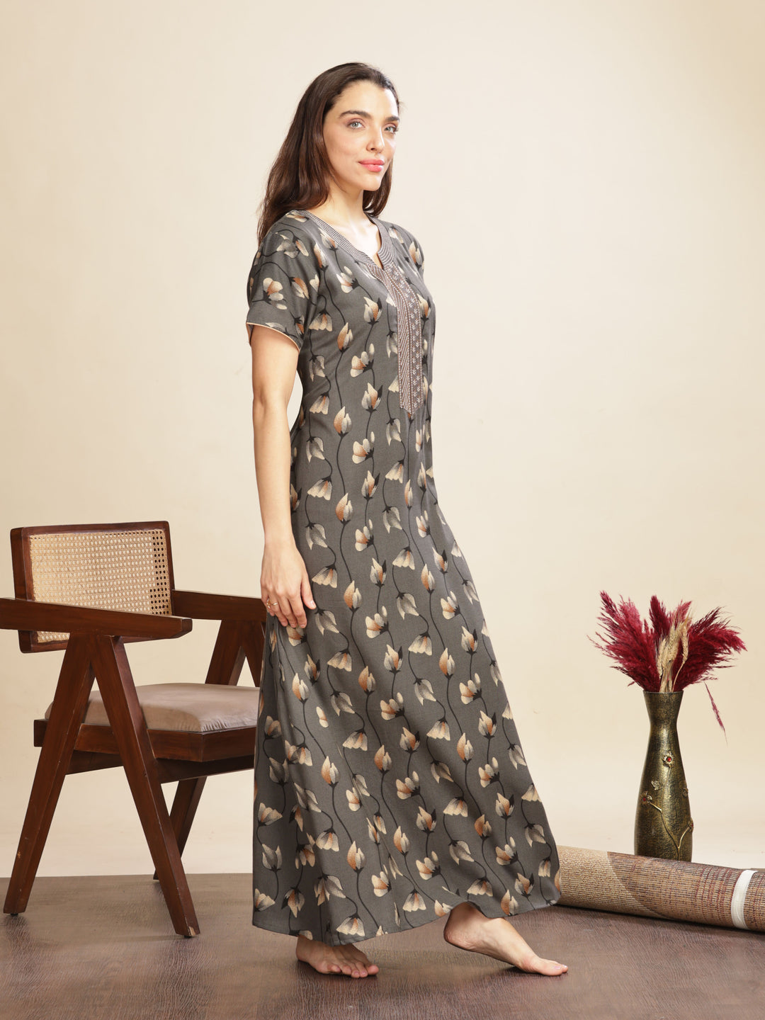 Iron Grey Floral Nightdress For Women with Pocket 