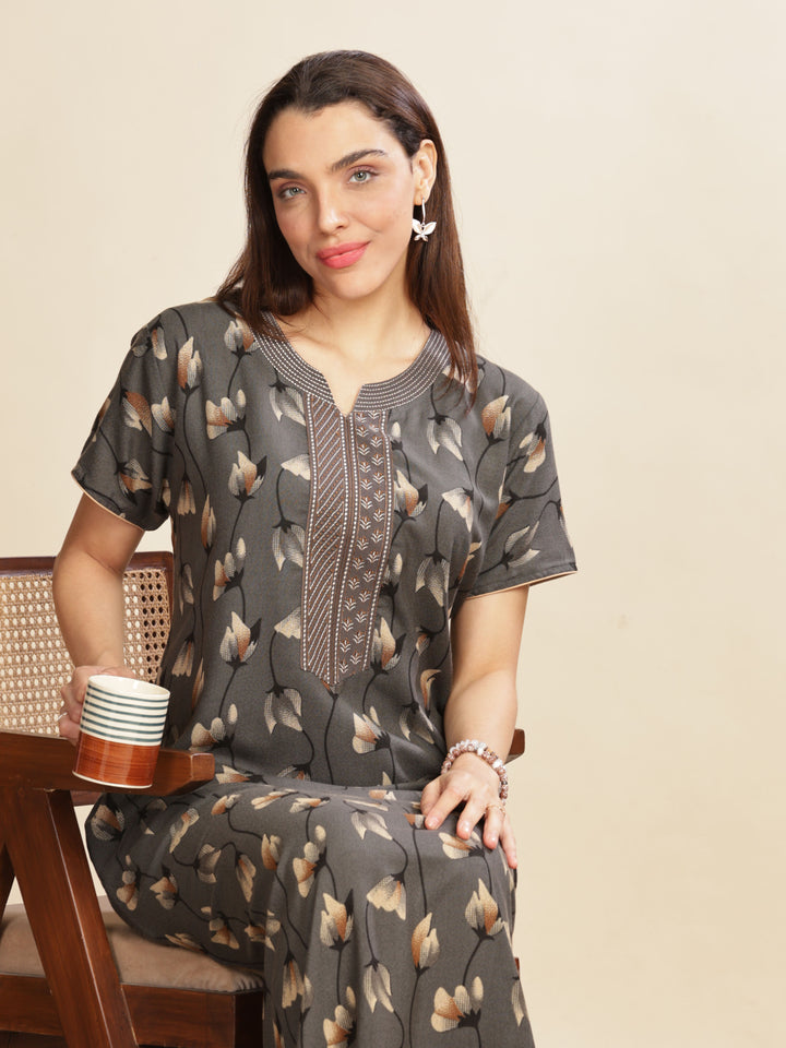 Iron Grey Floral Nightdress For Women with Pocket 