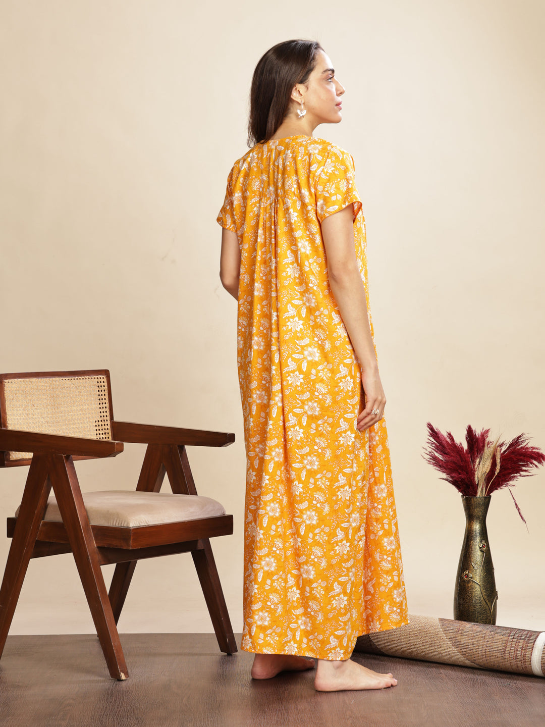 Yellow Cotton Floral Nighty for Women with Pockets