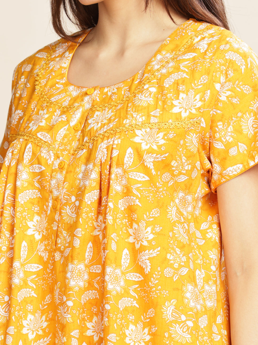 Yellow Cotton Floral Nighty for Women with Pockets