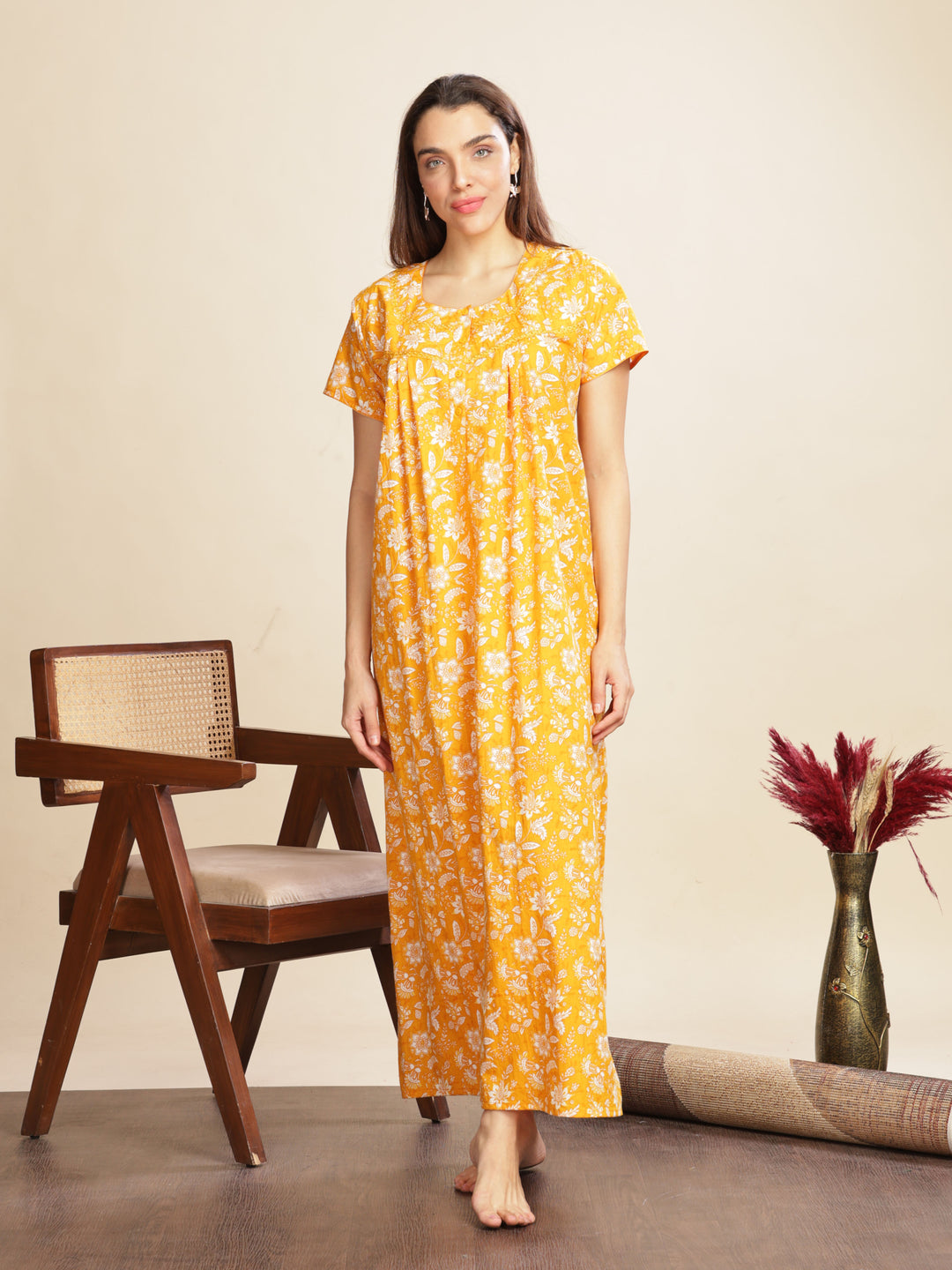 Yellow Cotton Floral Nighty for Women with Pockets