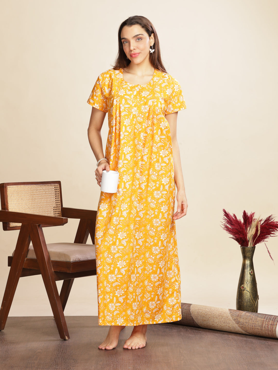 Yellow Cotton Floral Nighty for Women with Pockets