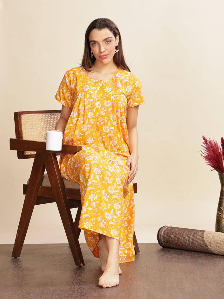 Yellow Cotton Floral Nighty for Women with Pockets