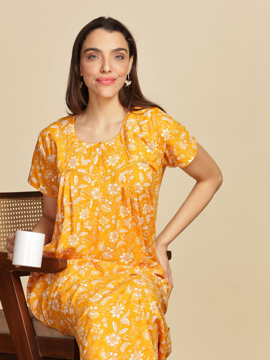 Yellow Cotton Floral Nighty for Women with Pockets