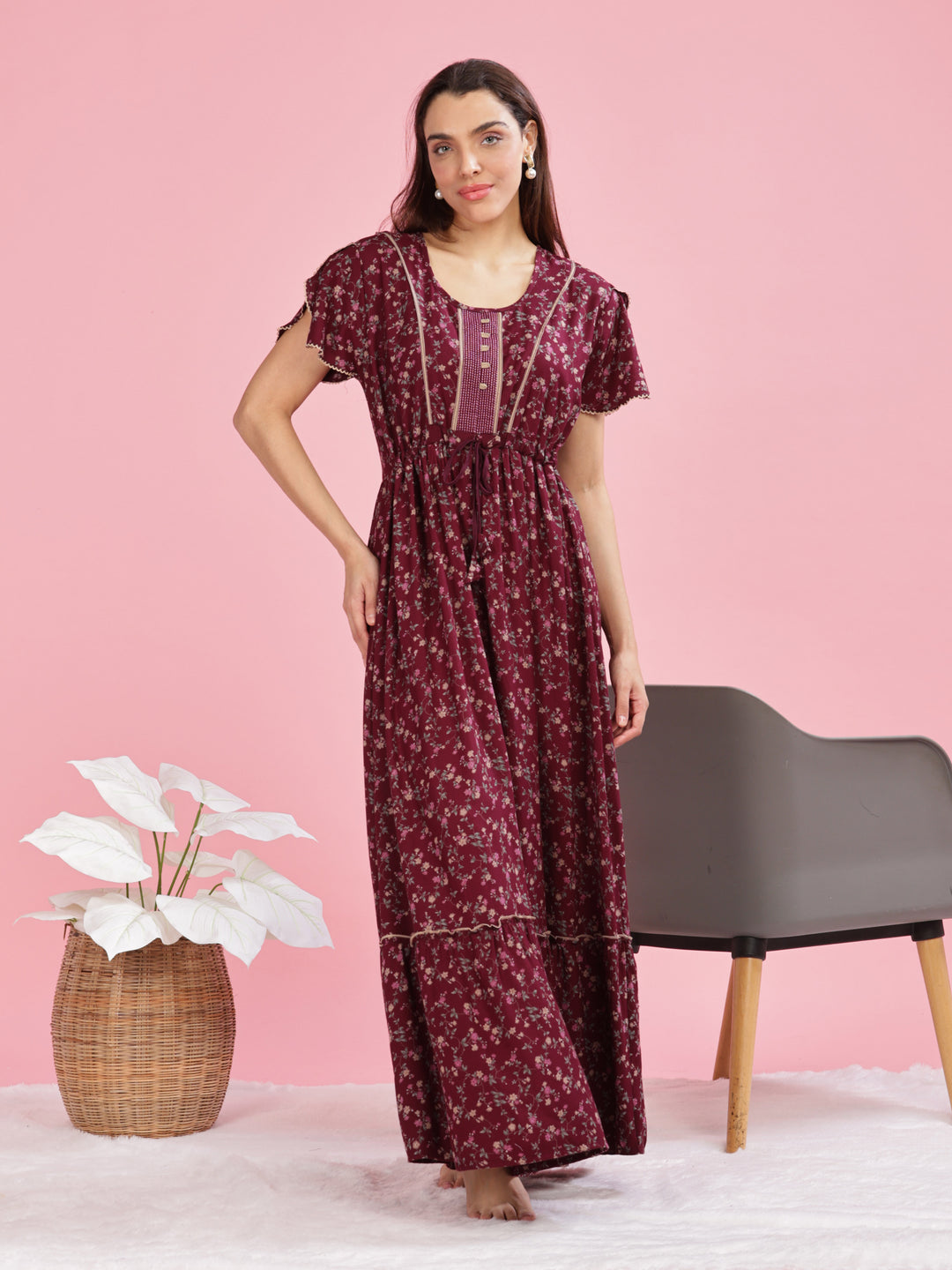 Relaxing Maroon Floral Maxi Dress for Women Online 