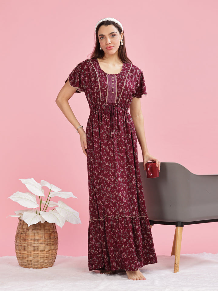 Relaxing Maroon Floral Maxi Dress for Women Online 