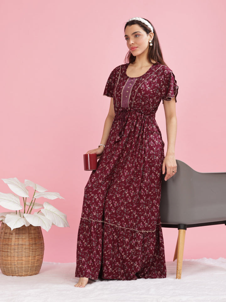 Relaxing Maroon Floral Maxi Dress for Women Online 