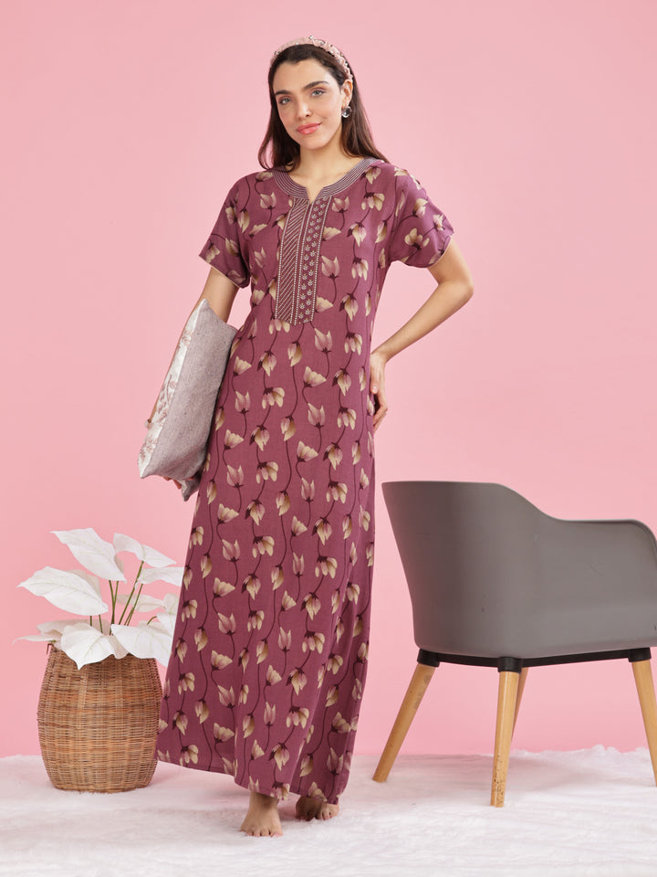 Berry Wine Printed Short Sleeves Nightdress For Women