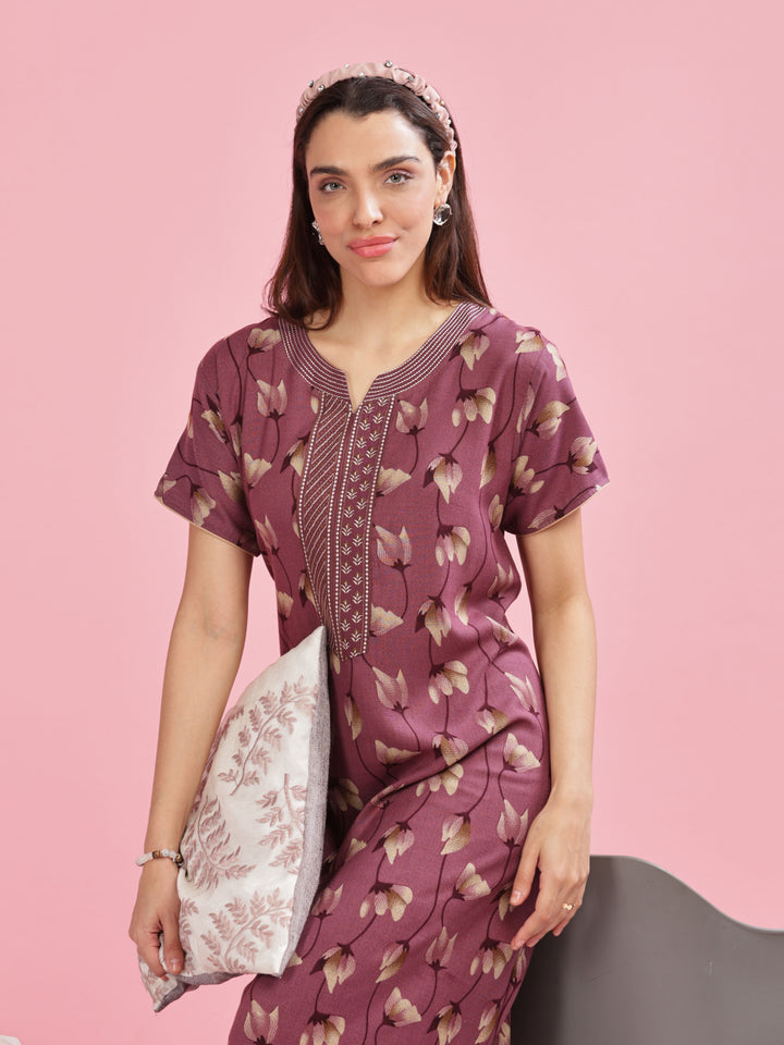 Berry Wine Printed Short Sleeves Nightdress For Women