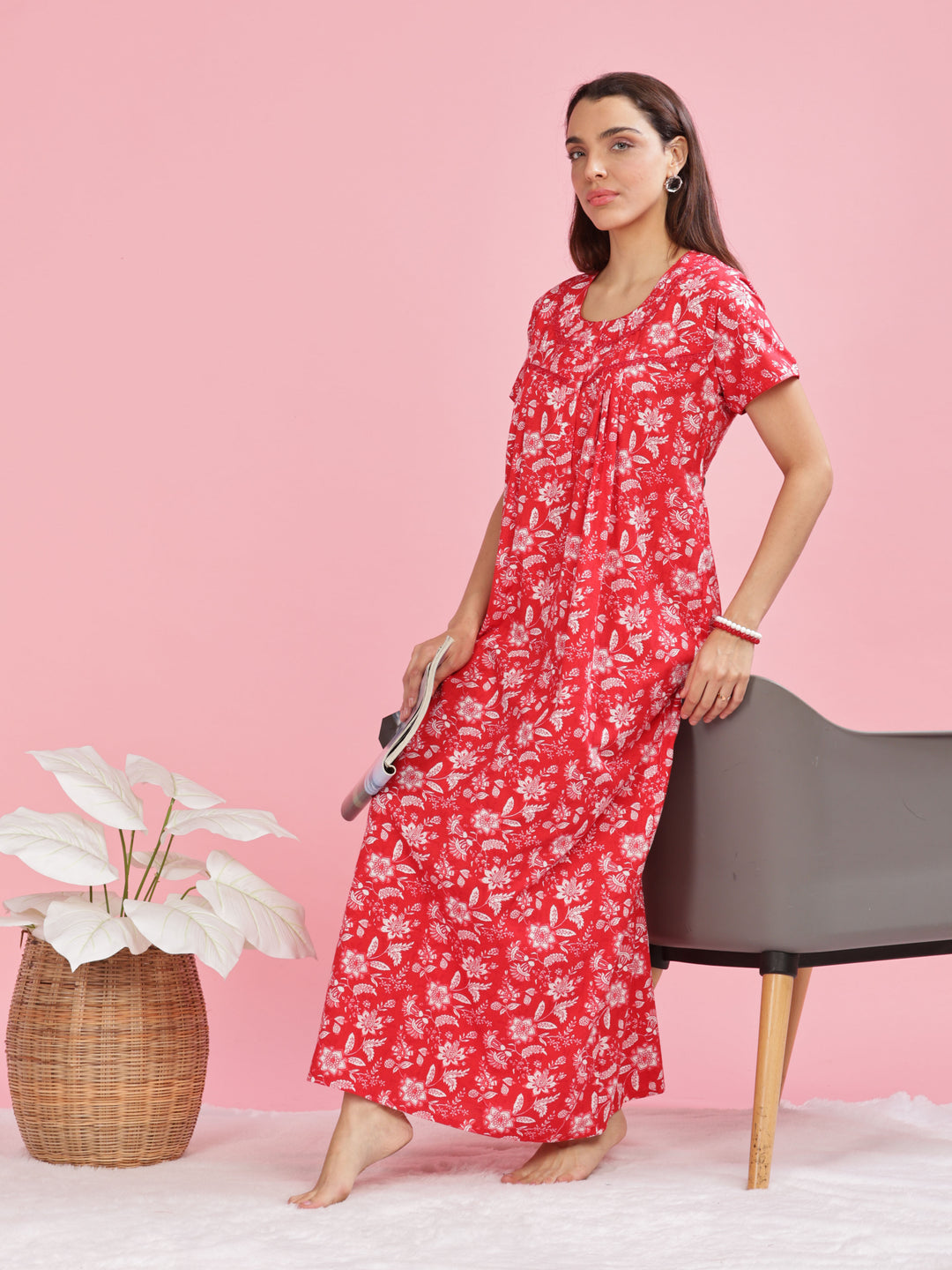 Stylish Red Printed Pure Cotton Nighty for Women Online