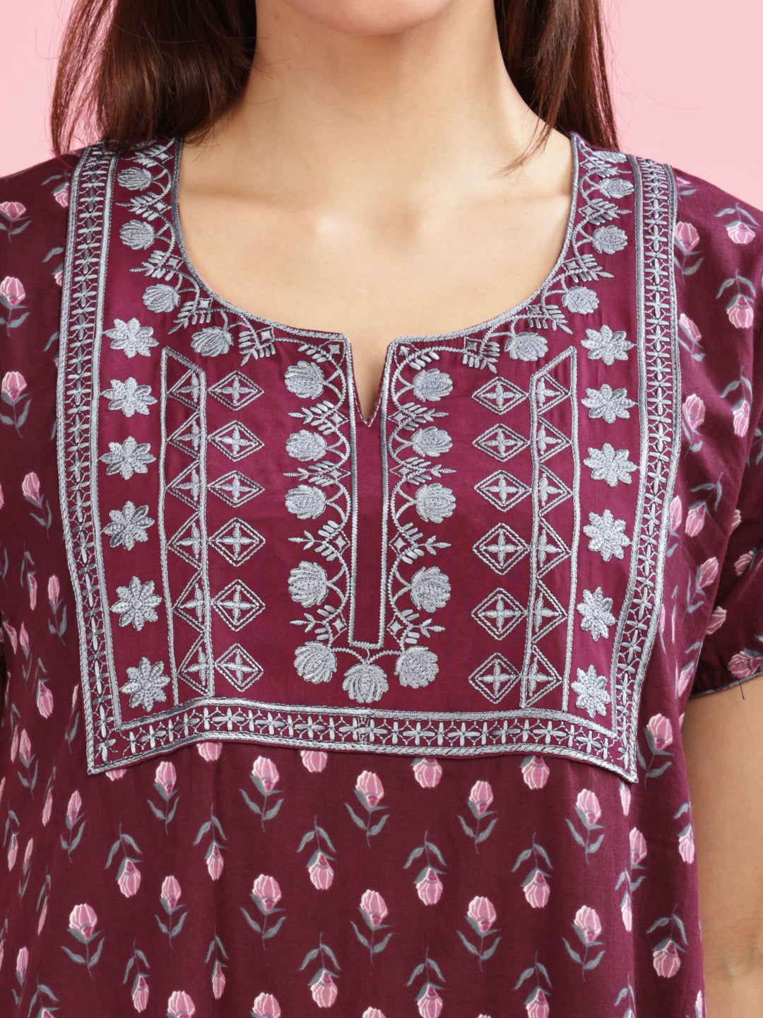 Maroon Pure Cotton Nighty with Elegant Embroidery Design