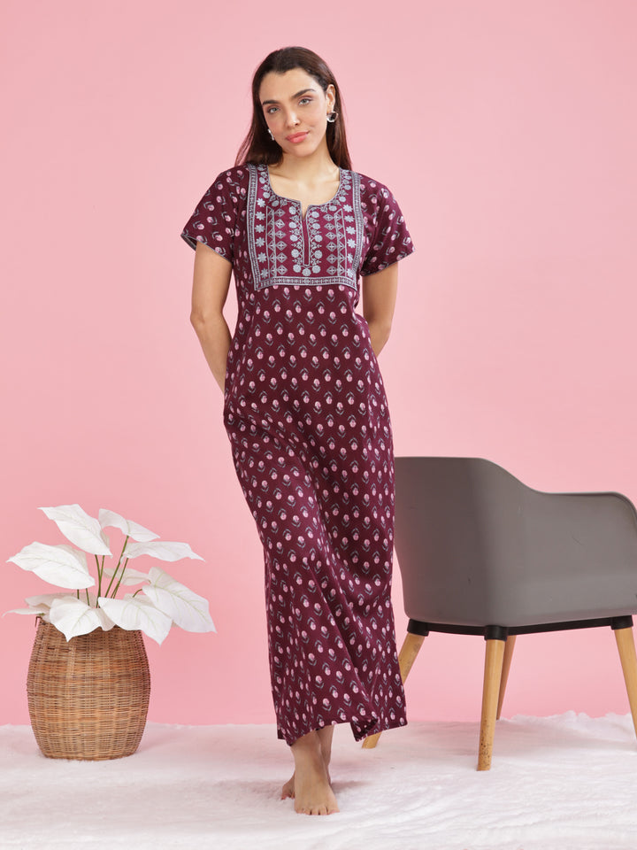 Maroon Pure Cotton Nighty with Elegant Embroidery Design