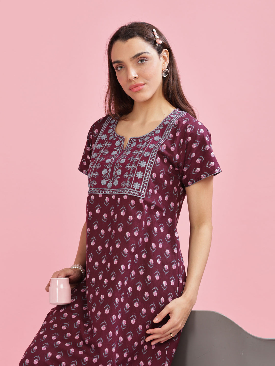 Maroon Pure Cotton Nighty with Elegant Embroidery Design