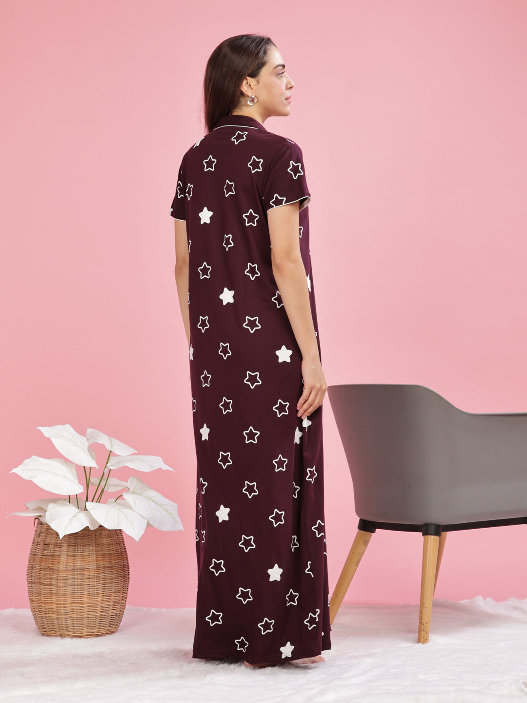 Burgundy Star Printed Maxi Nighty For Women Online