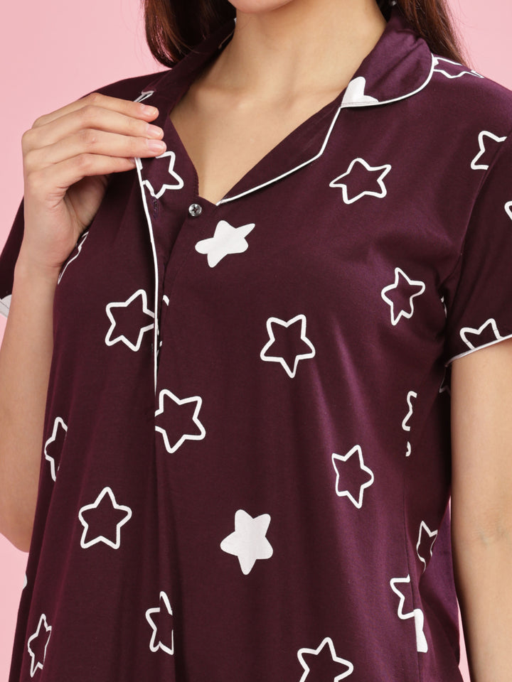 Burgundy Star Printed Maxi Nighty For Women Online