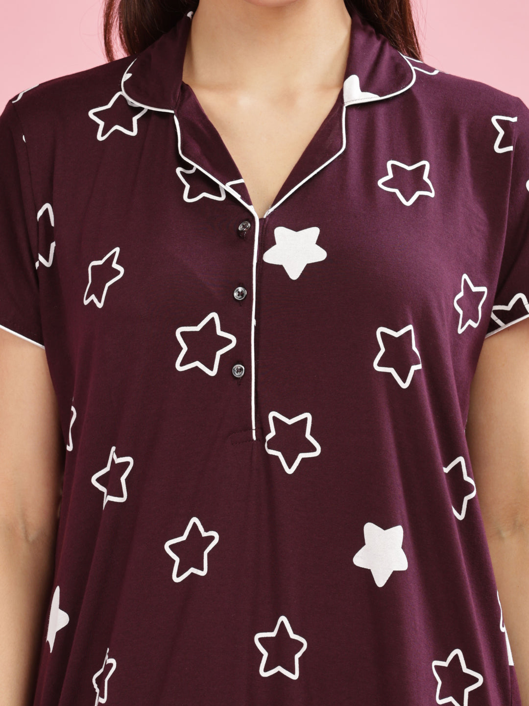 Burgundy Star Printed Maxi Nighty For Women Online