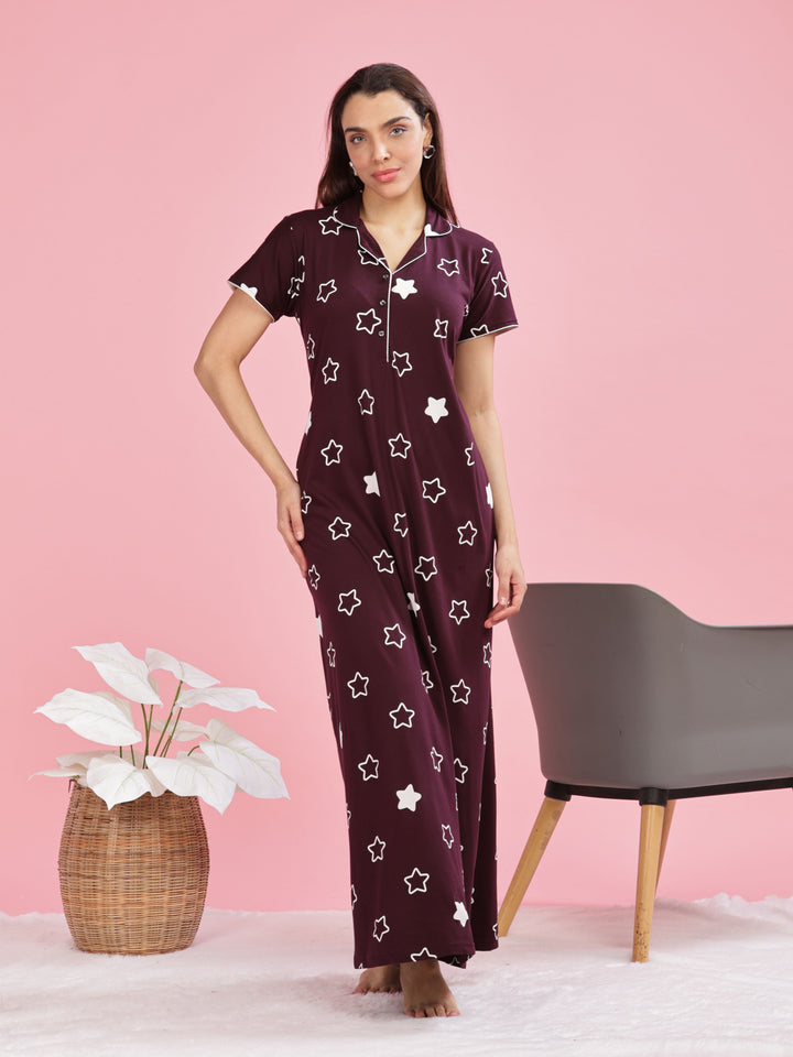 Burgundy Star Printed Maxi Nighty For Women Online