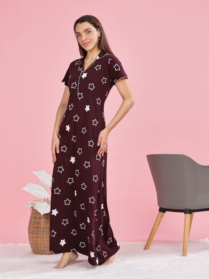 Burgundy Star Printed Maxi Nighty For Women Online