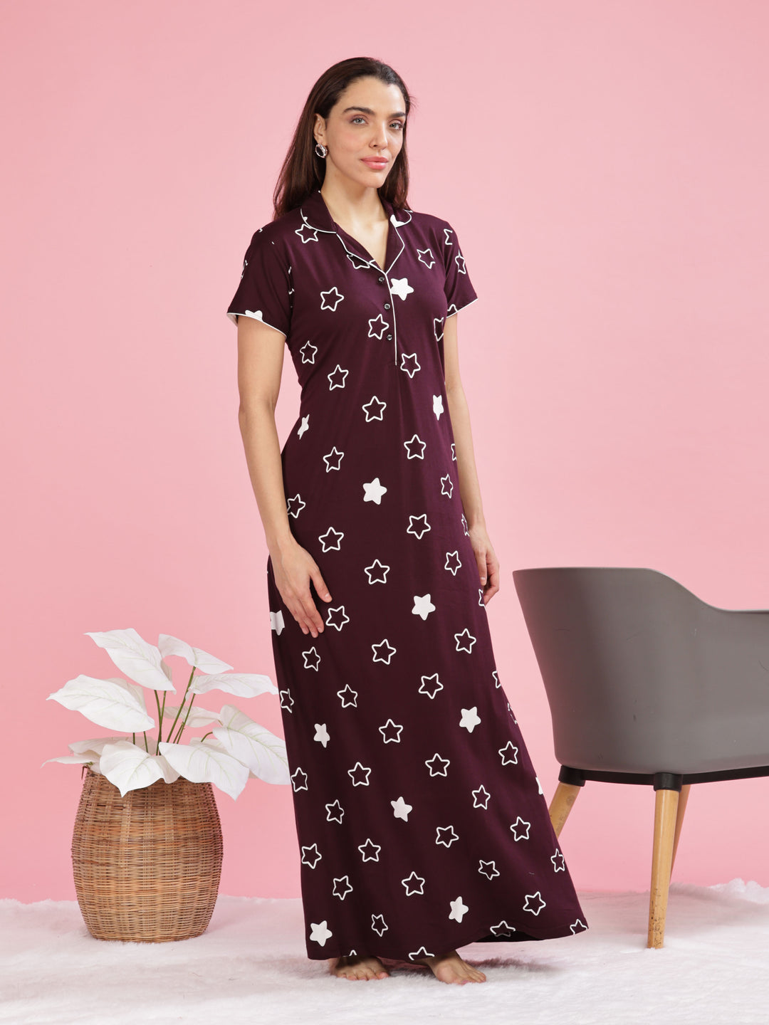 Burgundy Star Printed Maxi Nighty For Women Online