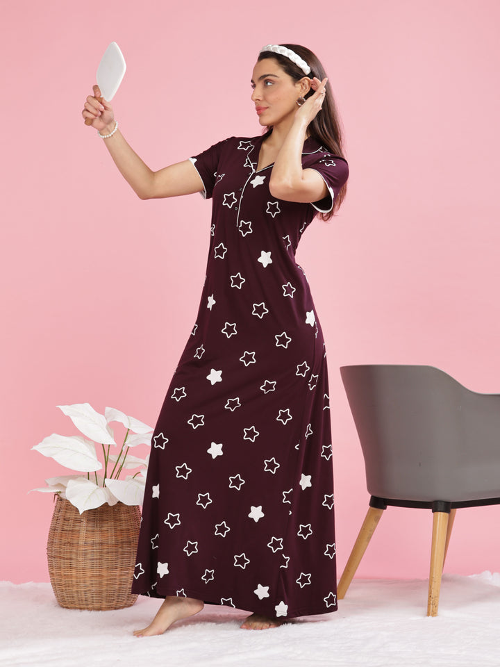 Burgundy Star Printed Maxi Nighty For Women Online