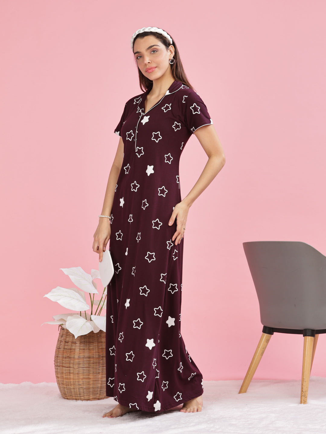 Burgundy Star Printed Maxi Nighty For Women Online