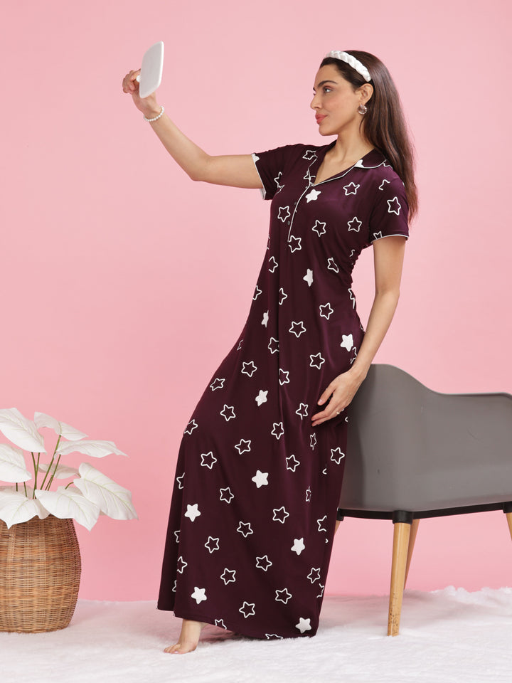 Burgundy Star Printed Maxi Nighty For Women Online