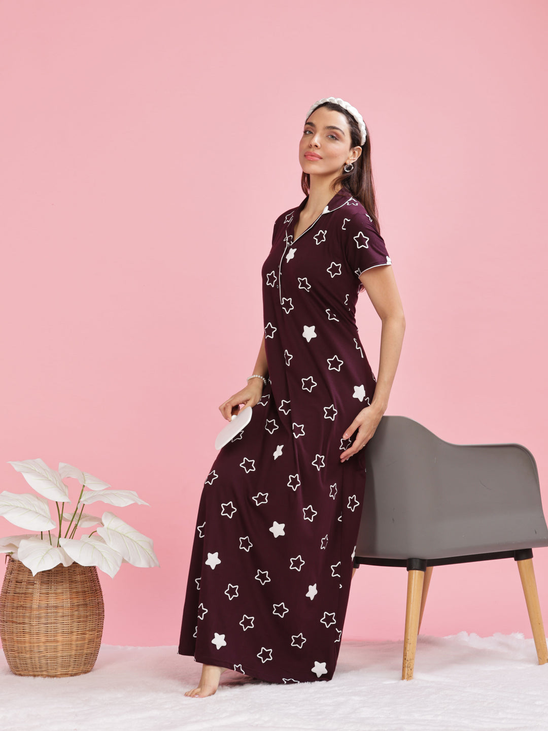 Burgundy Star Printed Maxi Nighty For Women Online