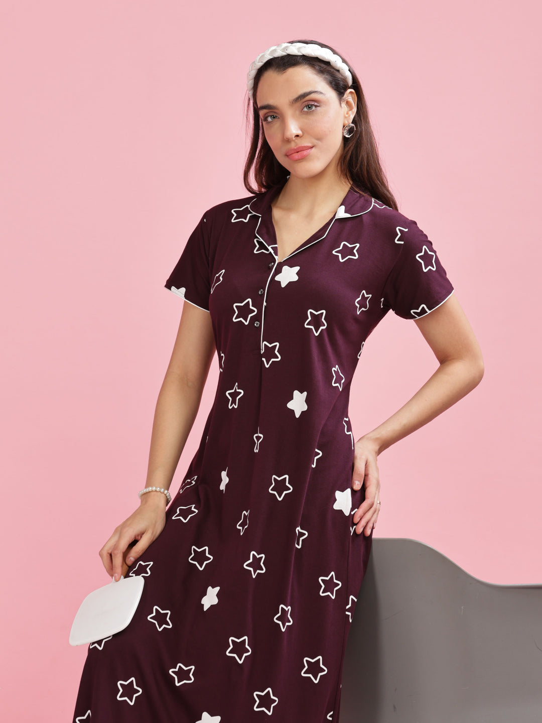 Burgundy Star Printed Maxi Nighty For Women Online