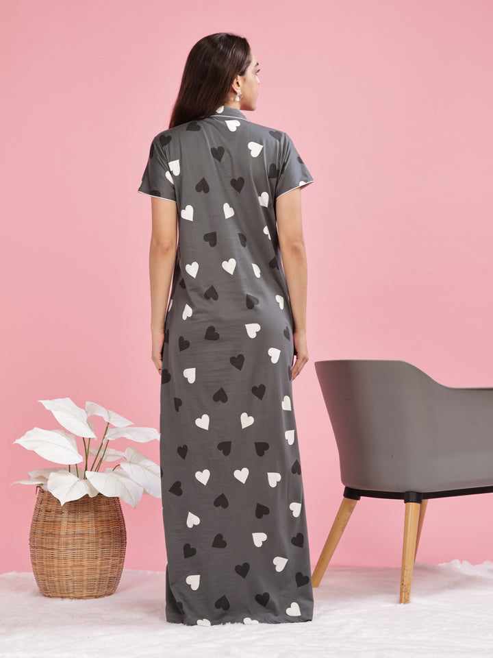 Olive Green Heart Printed Maxi Nighty For Women Online