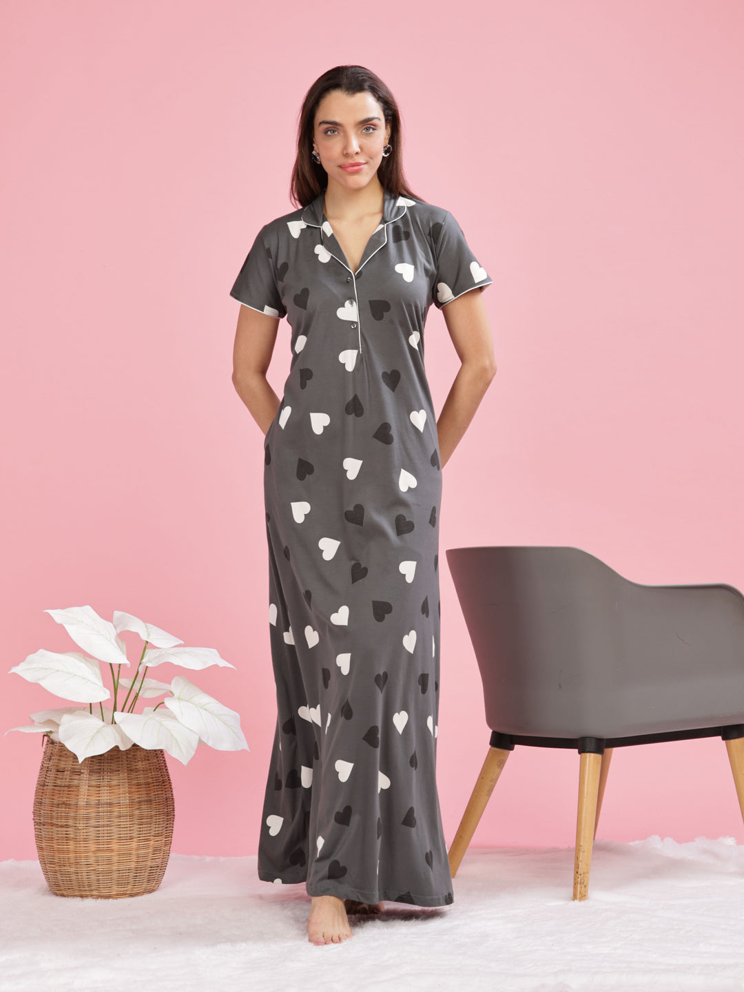 Olive Green Heart Printed Maxi Nighty For Women Online