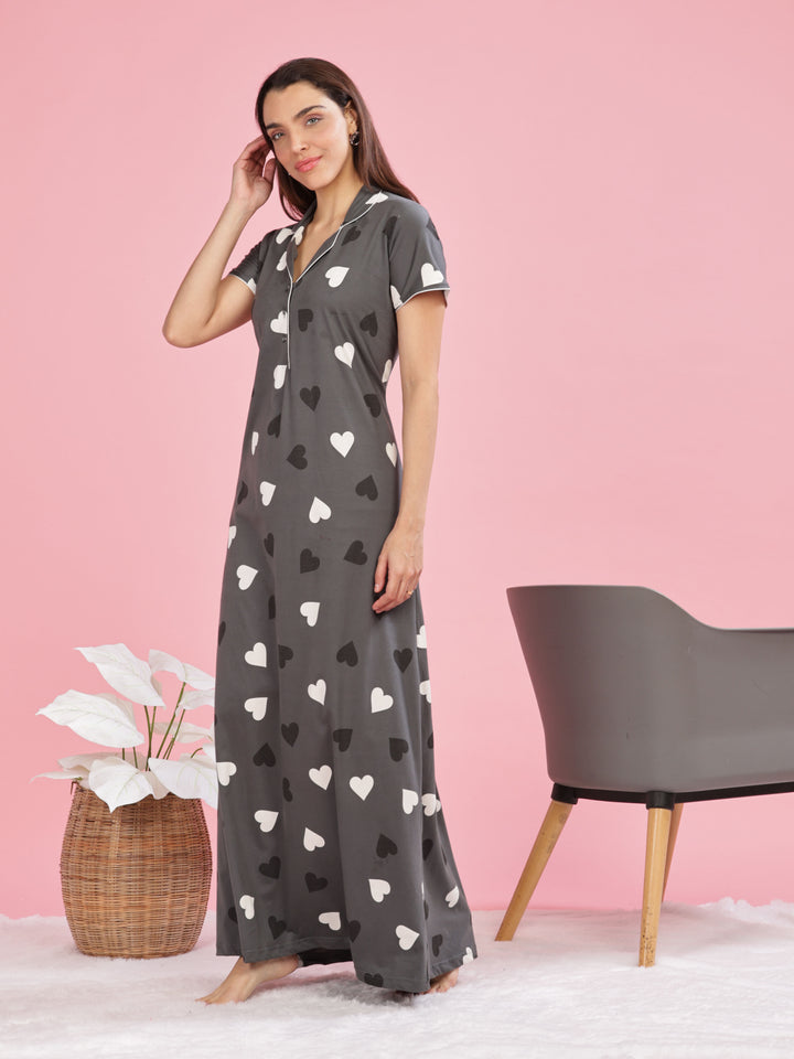 Olive Green Heart Printed Maxi Nighty For Women Online