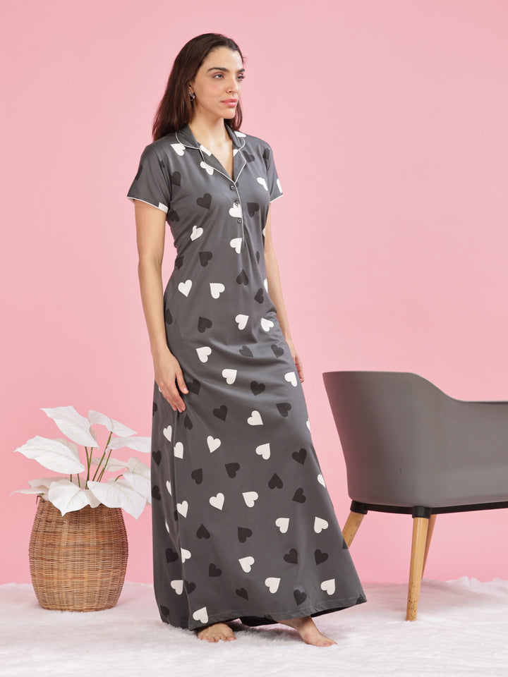 Olive Green Heart Printed Maxi Nighty For Women Online