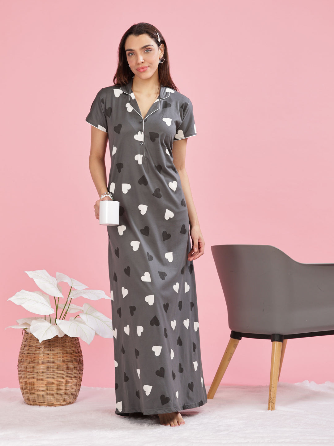 Olive Green Heart Printed Maxi Nighty For Women Online