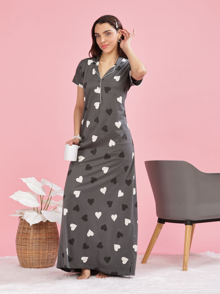 Olive Green Heart Printed Maxi Nighty For Women Online