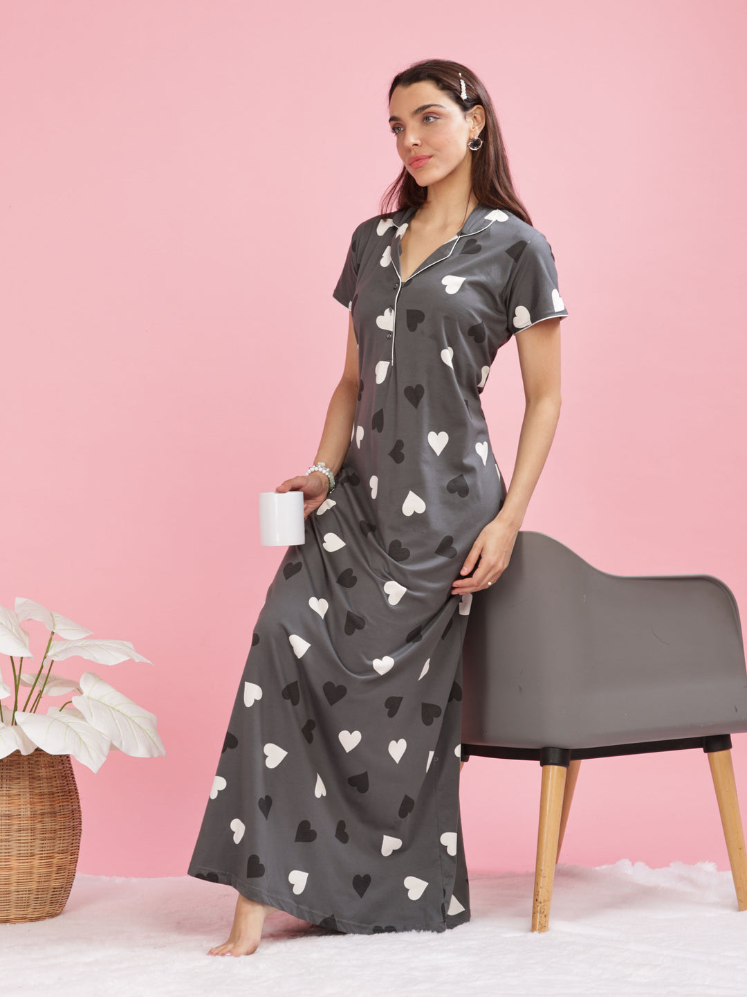 Olive Green Heart Printed Maxi Nighty For Women Online