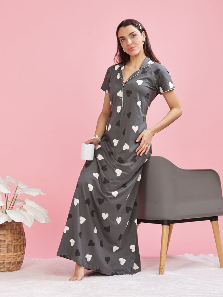 Olive Green Heart Printed Maxi Nighty For Women Online