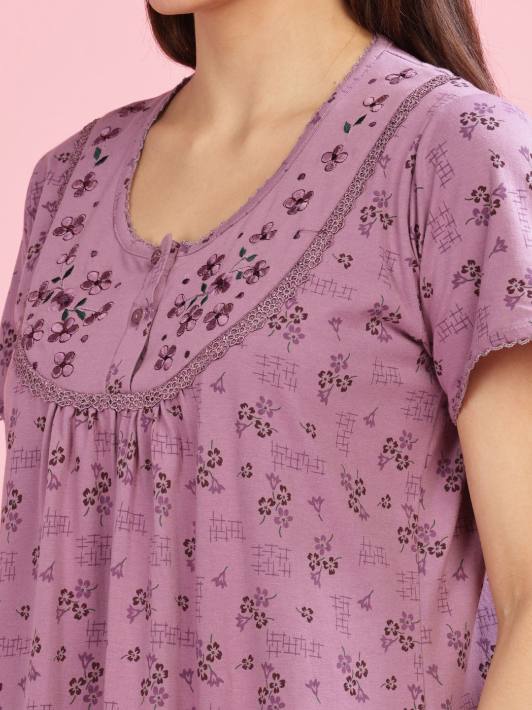 Purple Cotton Blend Nighty with Elegant Floral Embroidery Details