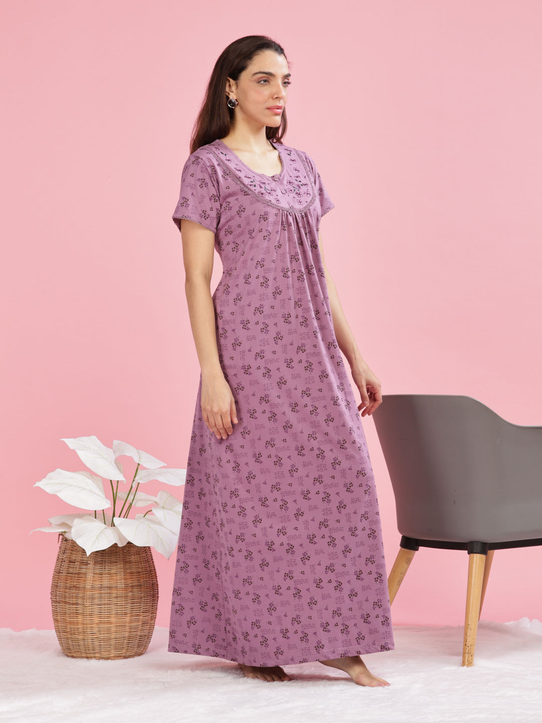 Purple Cotton Blend Nighty with Elegant Floral Embroidery Details