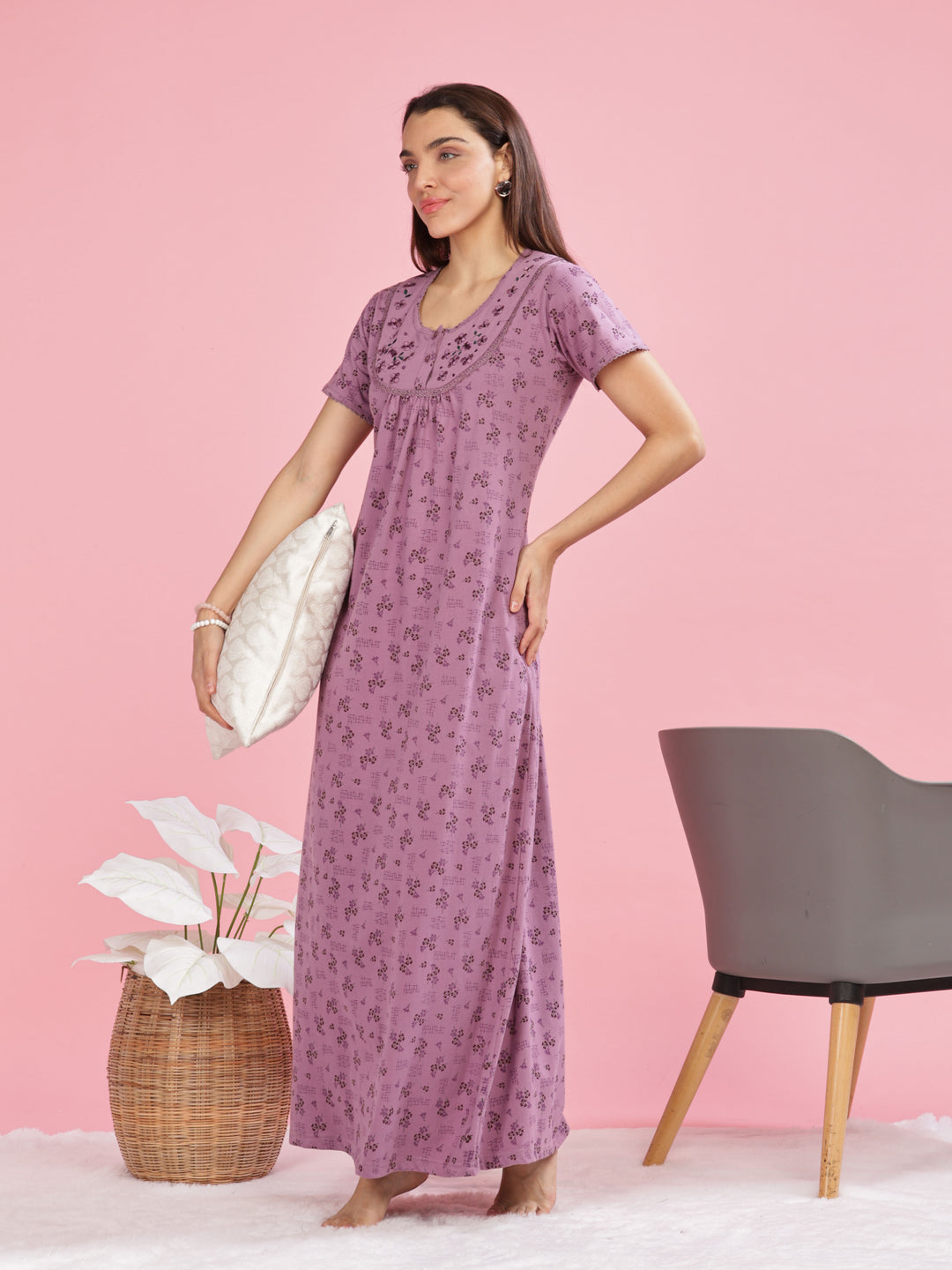 Purple Cotton Blend Nighty with Elegant Floral Embroidery Details