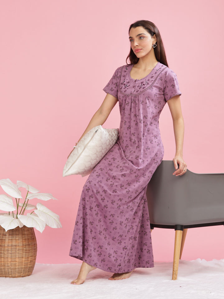 Purple Cotton Blend Nighty with Elegant Floral Embroidery Details