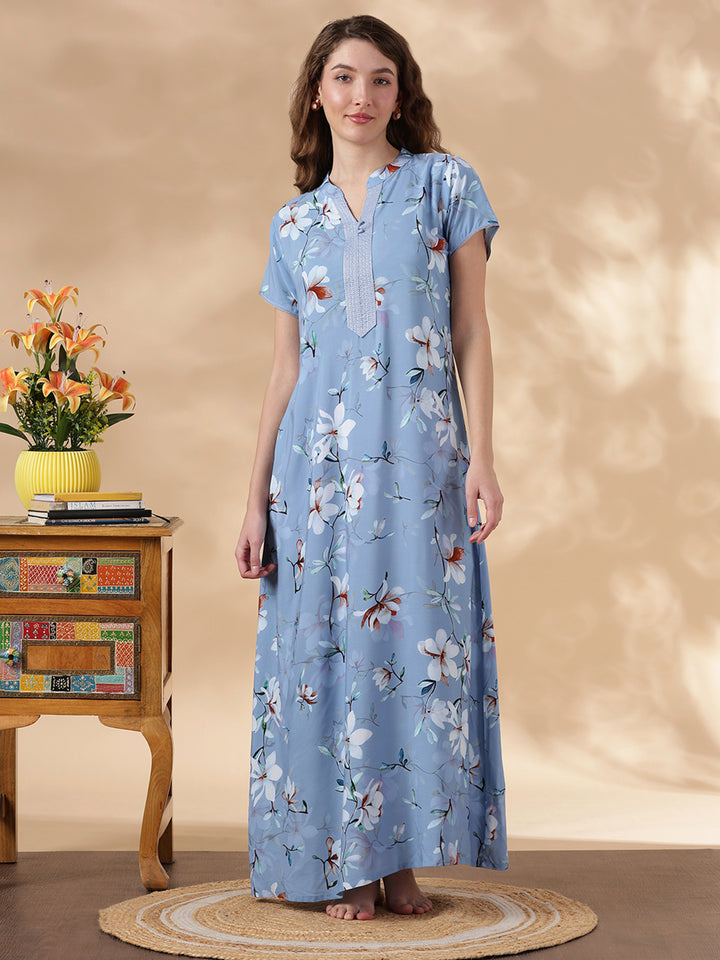 Sky Blue Rayon Designer Nighty for Women with Floral Print