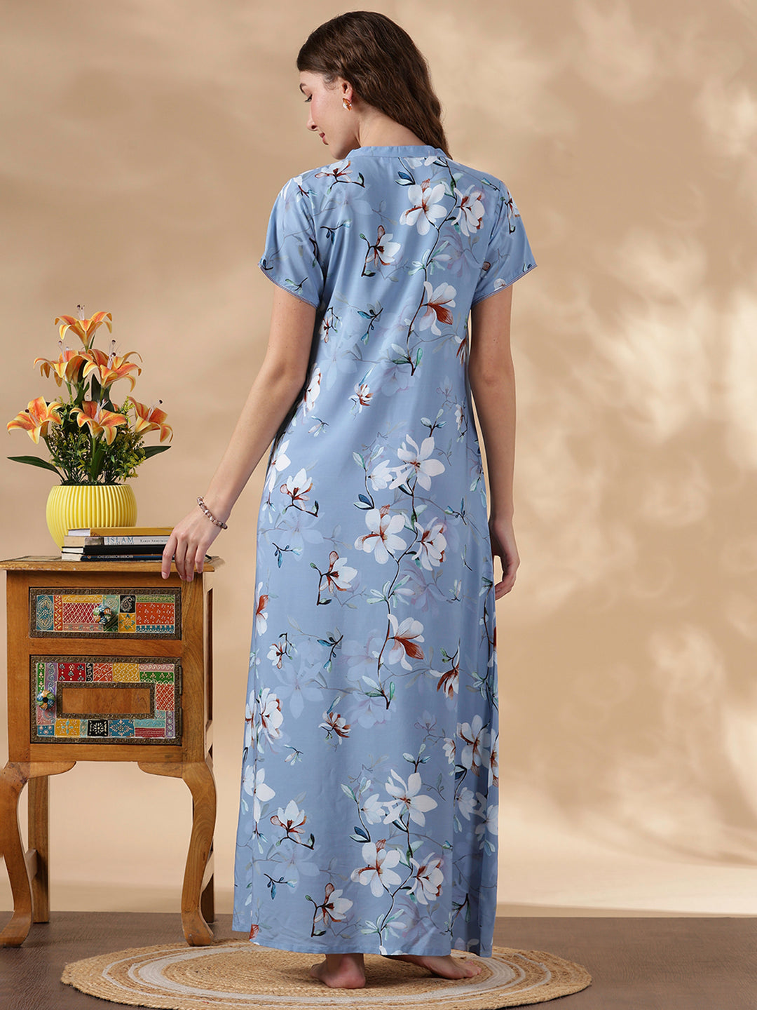 Sky Blue Rayon Designer Nighty for Women with Floral Print